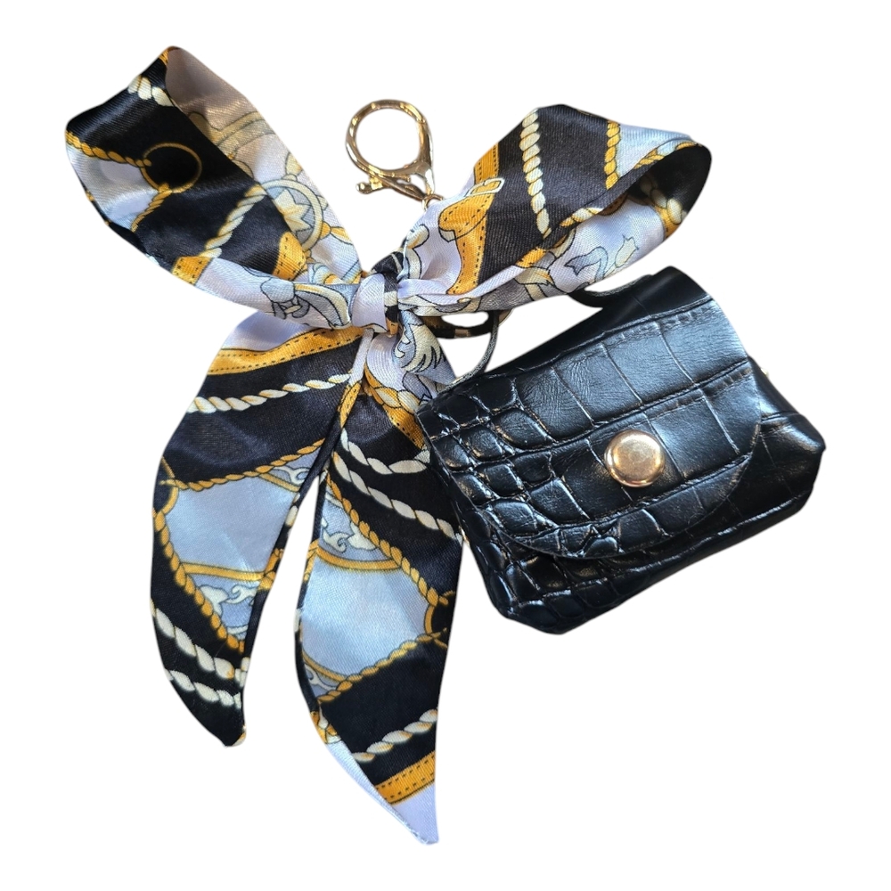 Black Croc-Embossed Keychain/Bag Charm with Scarf Accent